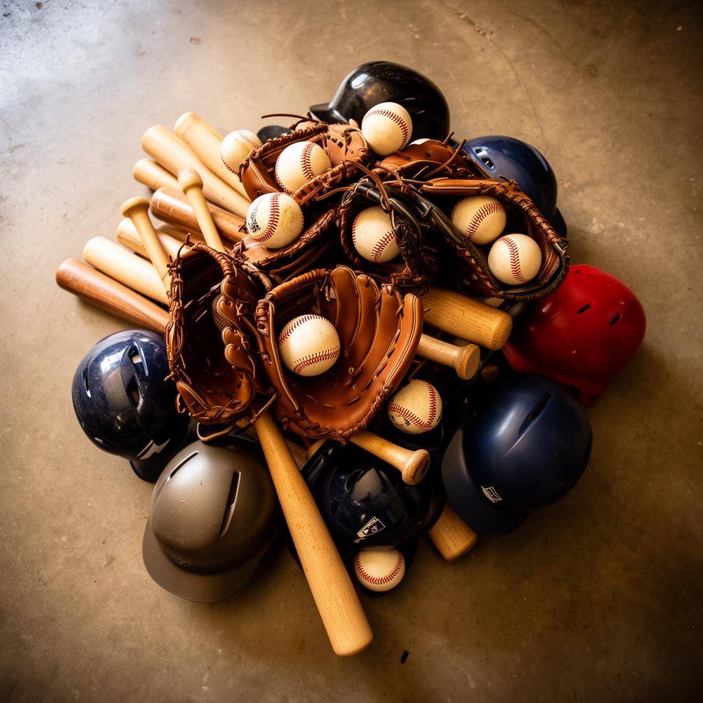 Stack of donated baseball bats, gloves and helmets