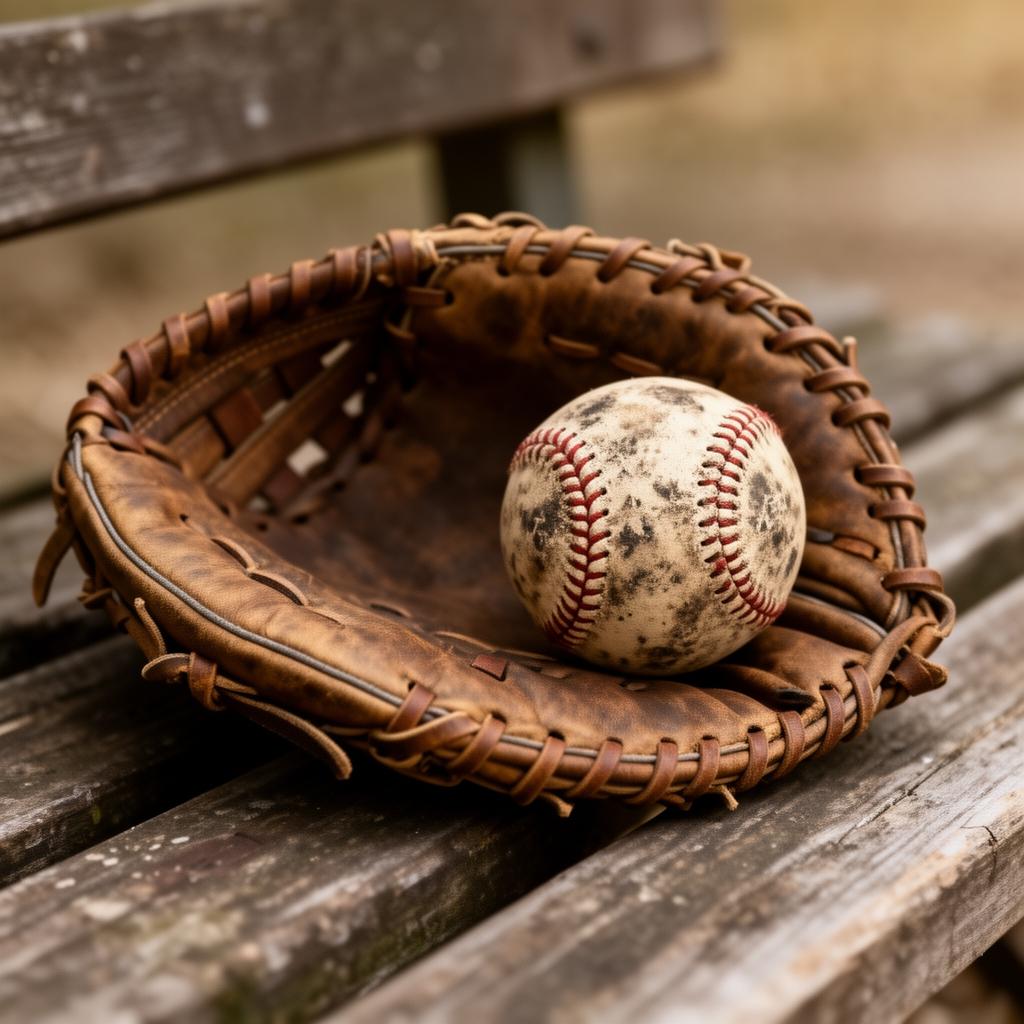 Worn leather baseball glove cradling a baseball